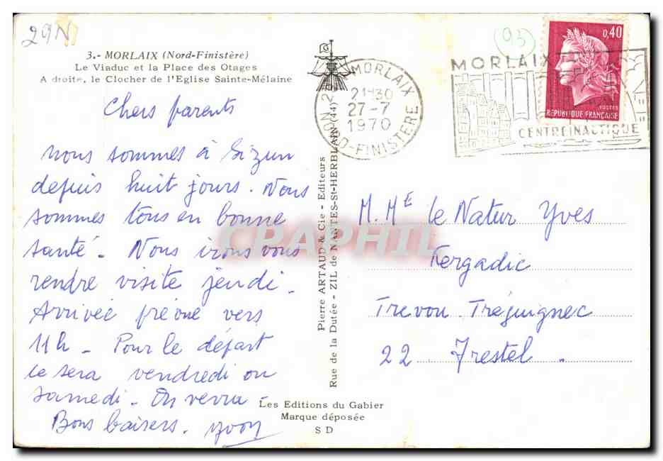 CPSM Morlaix Le Viaduc et la Place des Otages A droite le Clocher de L'Eglise Sainte melaine — Rückseite