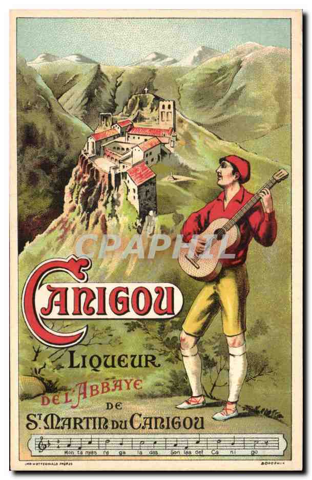 CPA Canigou Liqueur De L'Abbaye De St Martin Du Canigou Guitare Publicite Perpignan
