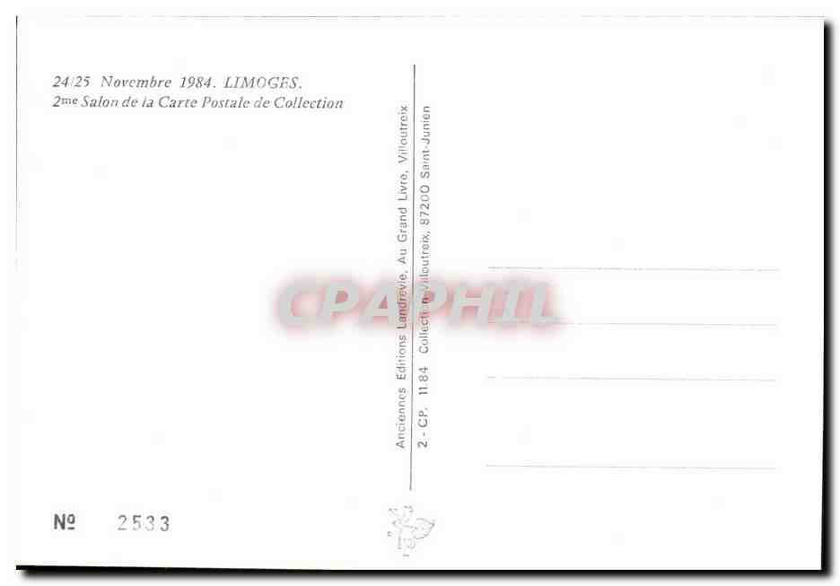 Salon de la Carte Postale de Collection — Limoges — 24 et 25 Novembre 1984 — Éditions Anciennes Landravie — Verso