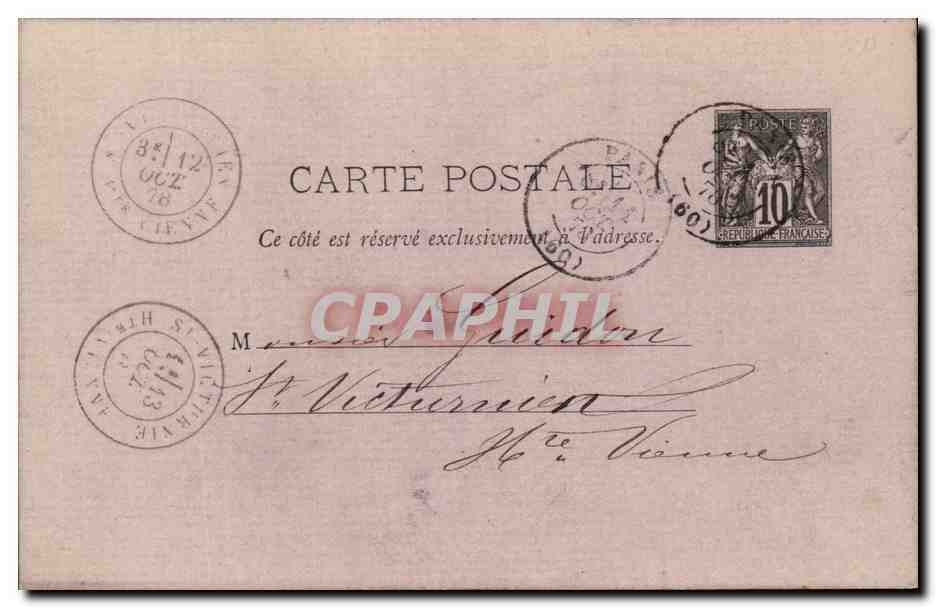 Entier postal Sage 10c gris Paris pour St Victurnien 1878
