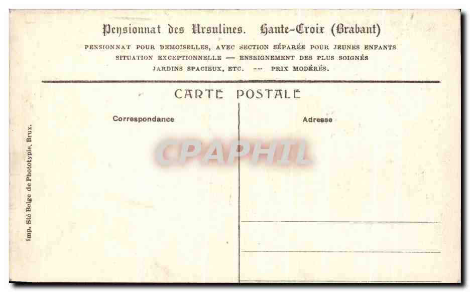 Pensionnat des Ursulines, Haute-Croix — Intérieur d'une chambrette — Imp. Sté Belge de Phototypie, Bruxelles — Rückseite