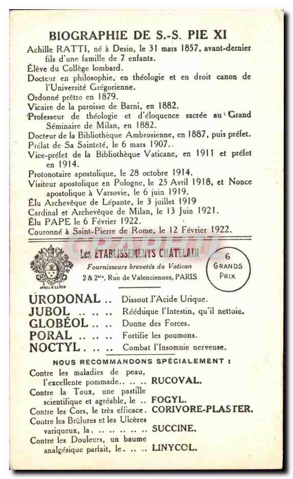 CPA Pape Pie XI Elu au Conclave Le 6 Fevrier 1922 Offert Par La Urodonal — Back