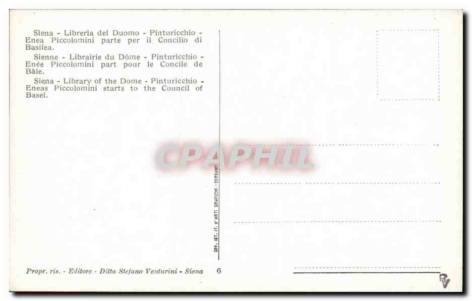 CPA Sienne Librairie du Dome Pinturicchio Enee Piccolomini part pour le concile de Bale — Verso