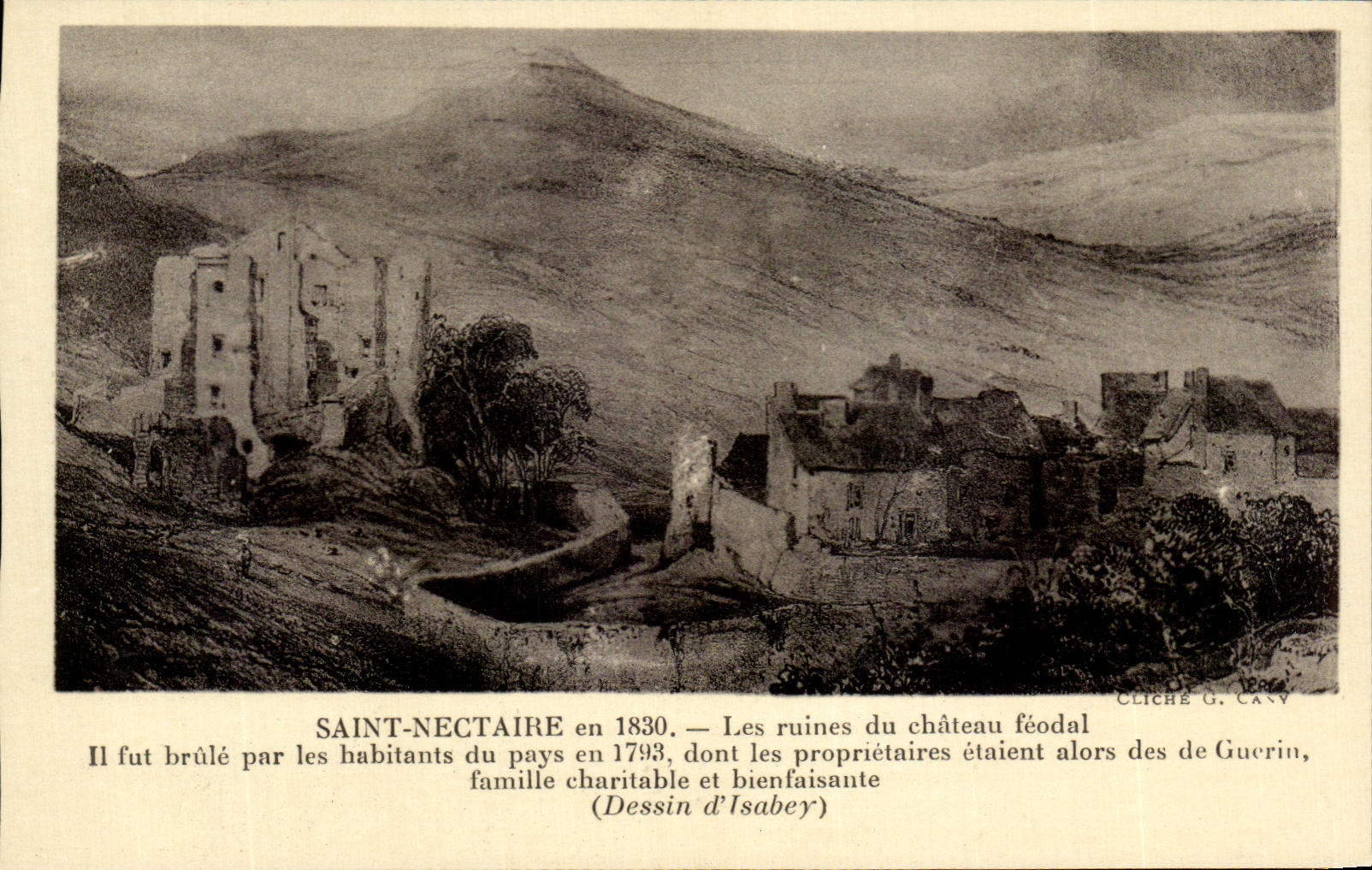 Saint-Nectaire en 1830 — Les ruines du château féodal — Cliché G. Canv, Dessin d'Isabey