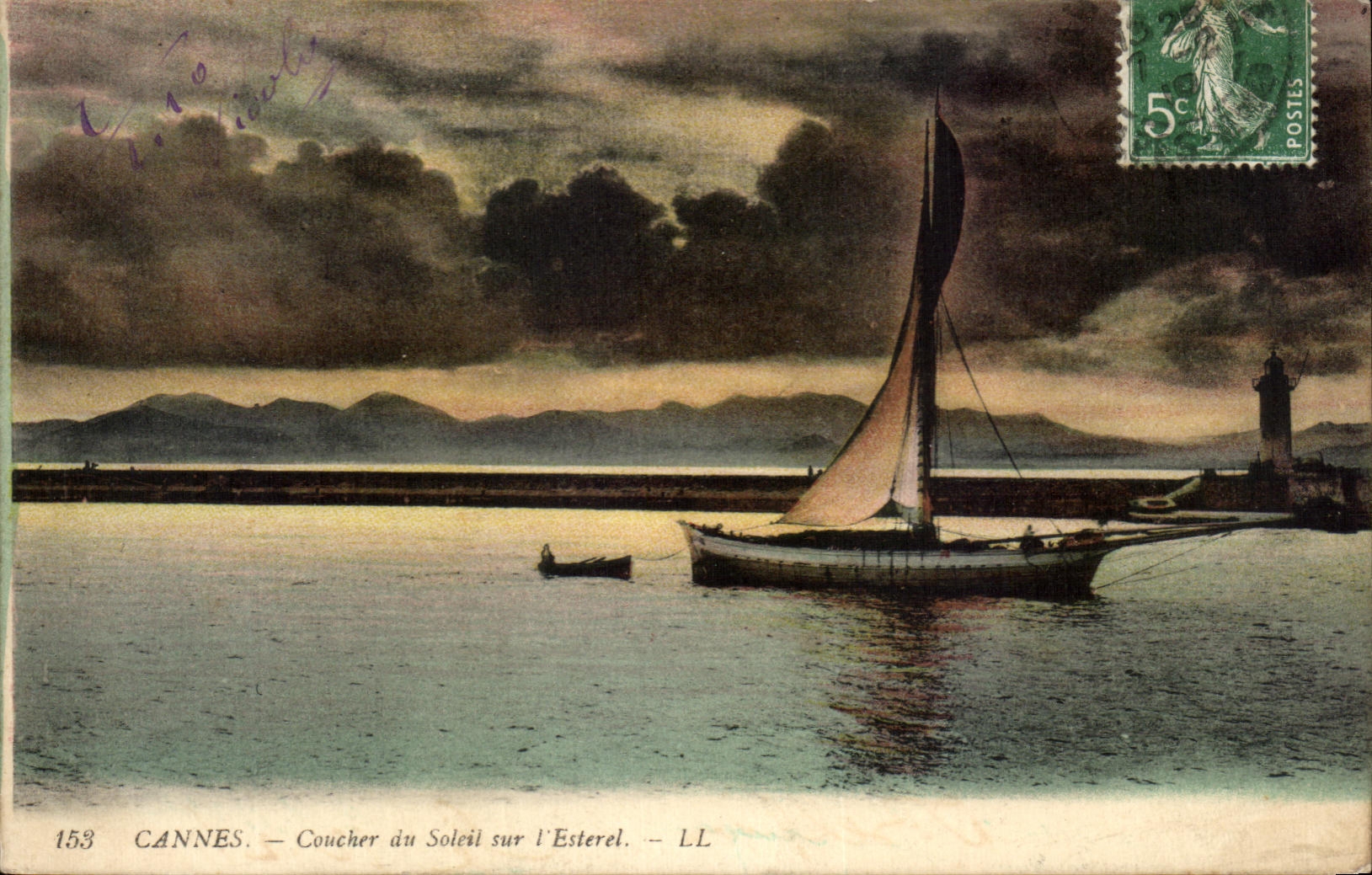 CPA Cannes Coucher Du Soleil Sur L'Esterel Bateau