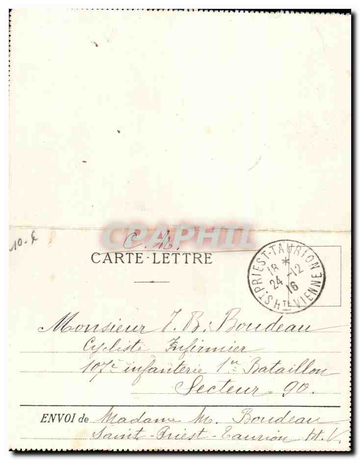 Carte lettre St Priest Tauron Haute Vienne Boudeau Cycliste infirmier 107eme infanterie Velo Cycle Militaria 