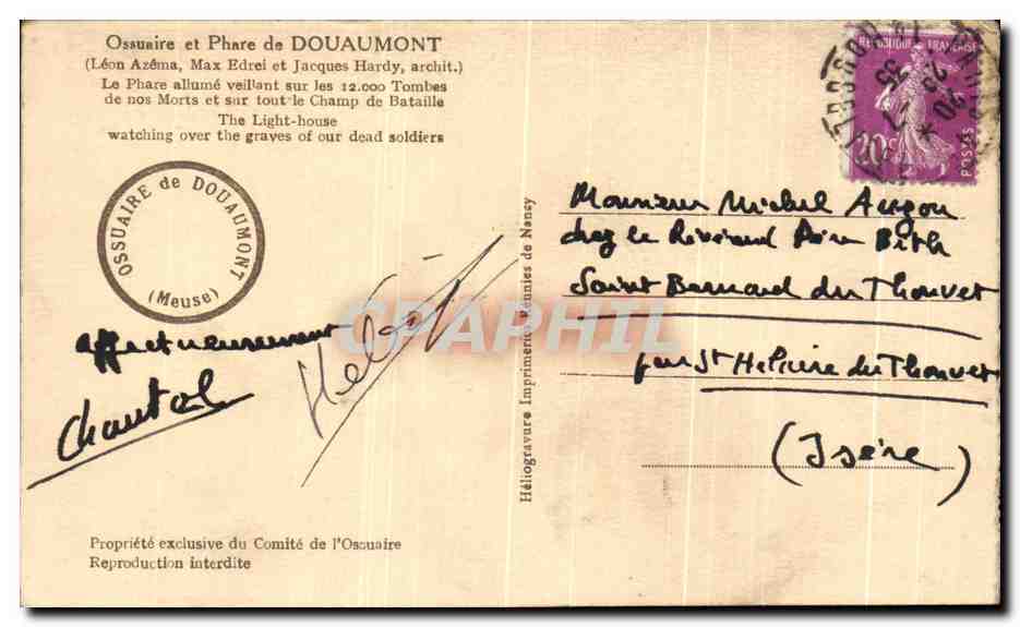 CPA Ossuaire Et Phare De Douaumont Le Phare Allume Veillant sur Les Militaria — Rückseite