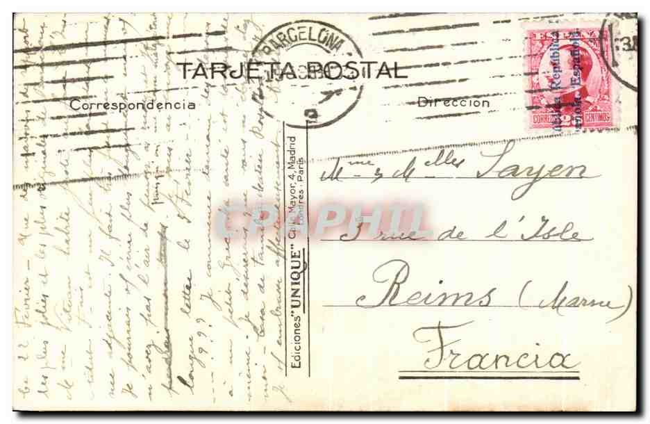 CPA Barcelona Avenida de Alfonso XIII — Rückseite