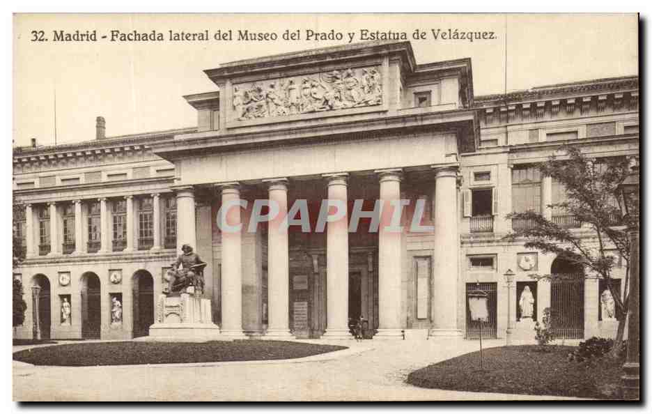 Madrid - Façade latérale du Musée du Prado et statue de Velázquez — Héliotipia de Kallmeyer y Gautier, n°32