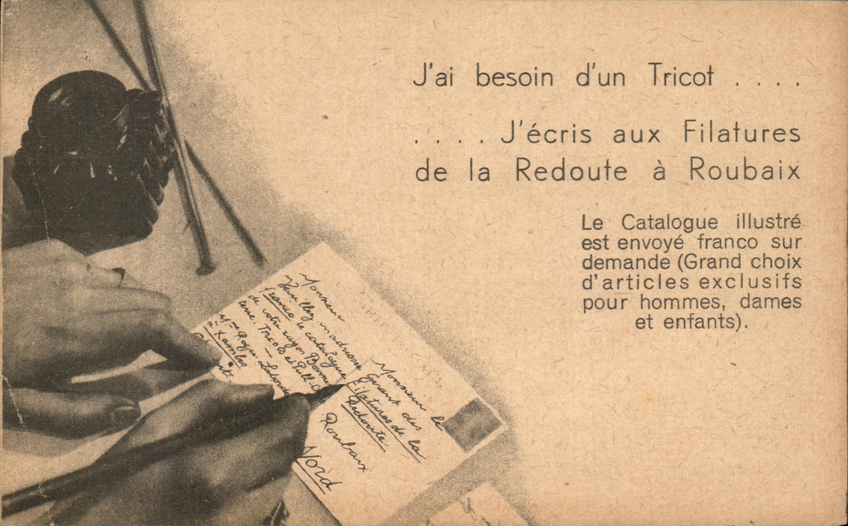 CPA J'ai Besoin d'un Tricot j'ecris aux Filatures de la redoute a Roubaix Publicite
