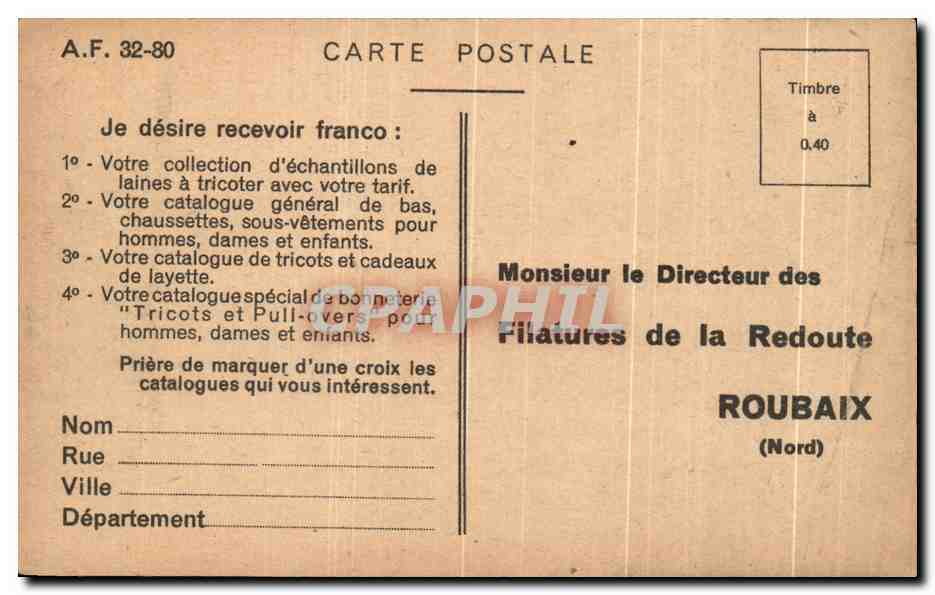CPA J'ai Besoin d'un Tricot j'ecris aux Filatures de la redoute a Roubaix Publicite — Rückseite