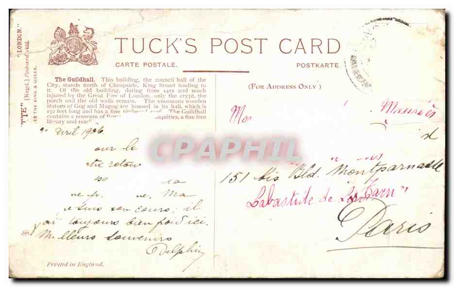 CPA London The Guildhall — Rückseite