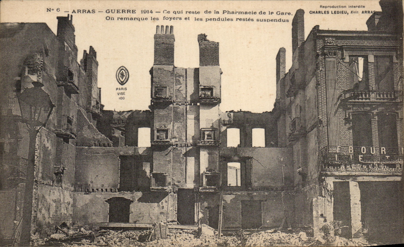 Arras — Guerre 1914 — Ce qui reste de la Pharmacie de la Gare — Charles Ledieu, Edit. Arras