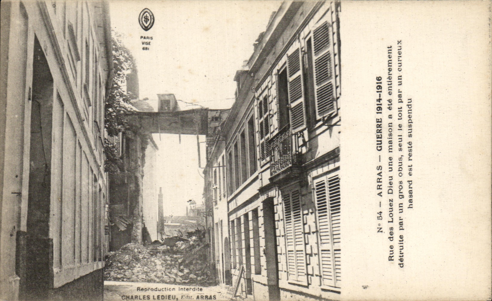 Arras — Rue des Lousez détruite pendant la guerre 1914-1916 — Charles Ledieu, Édit. Arras