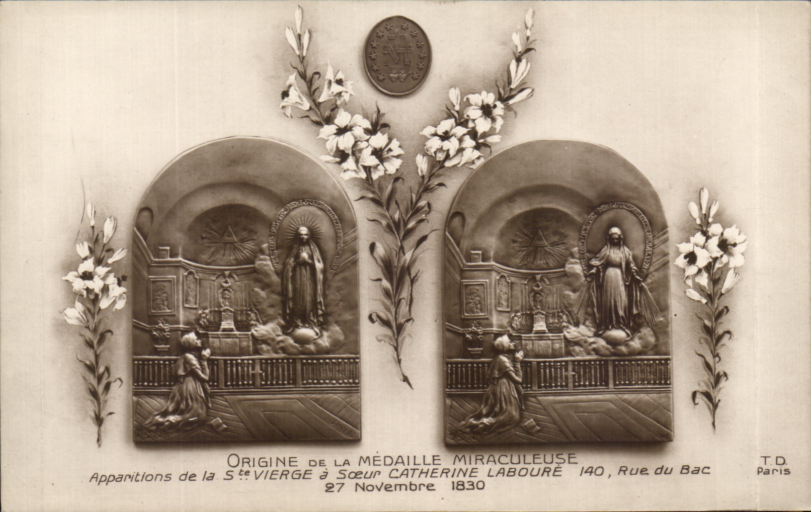 CPA Origine De La Medaille Miraculeuse Apparitions de la Ste Vierge a Soeur Catherine Laboure Rue du Bac Paris 