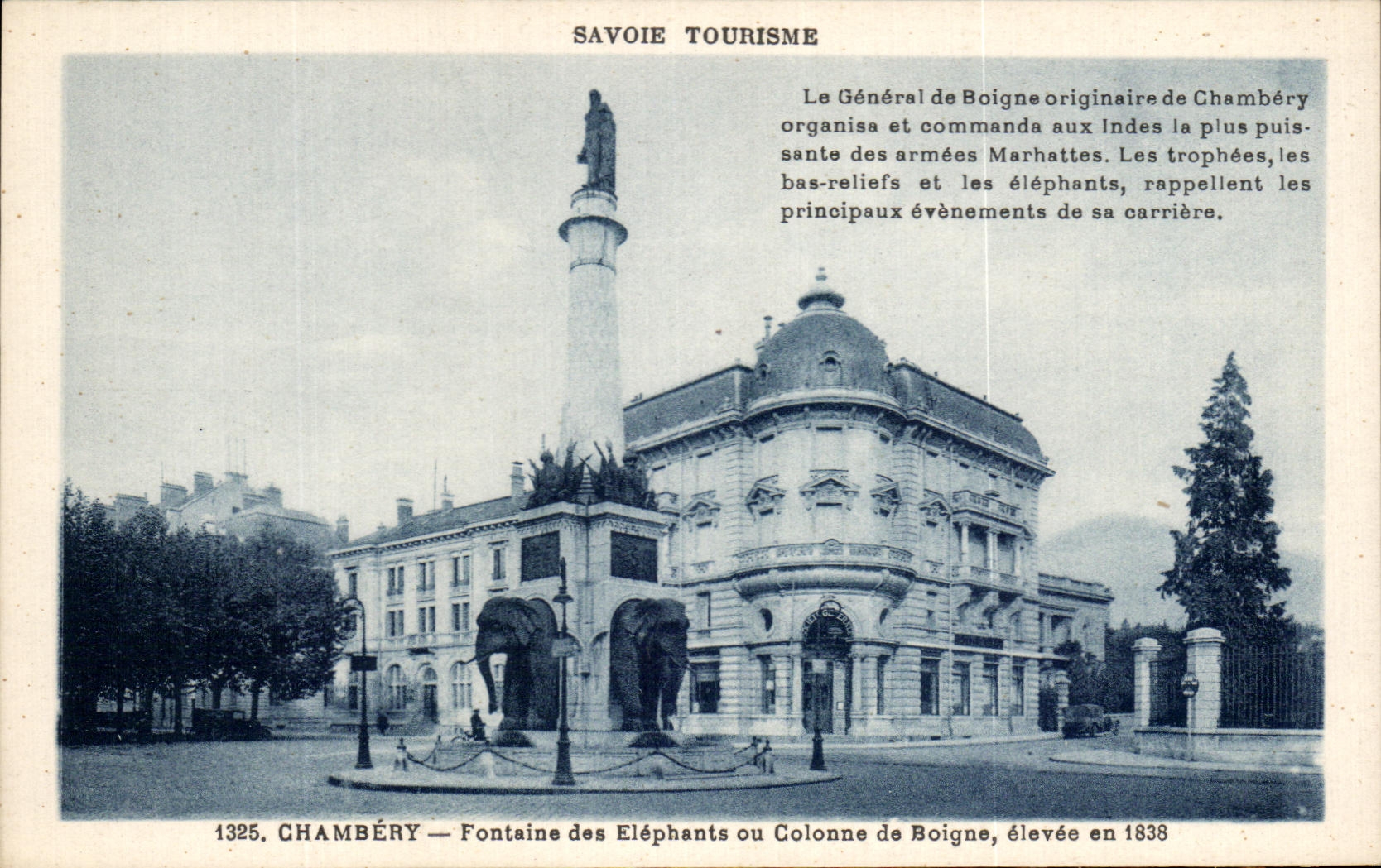 Chambéry — Fontaine des Éléphants ou Colonne de Boigne — éditeur L. Blanc, Chambéry, n° 1325