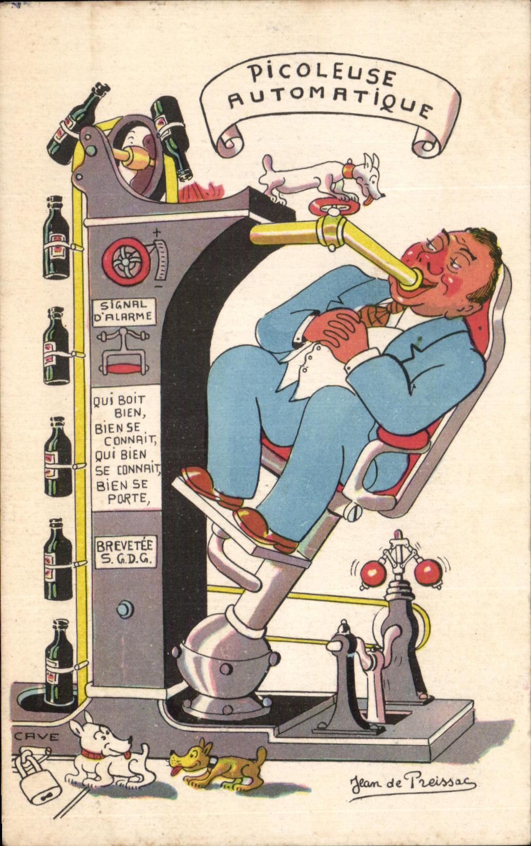 Picoleuse Automatique — caricature d'un homme buvant automatiquement — dessin de Jean de Preissac
