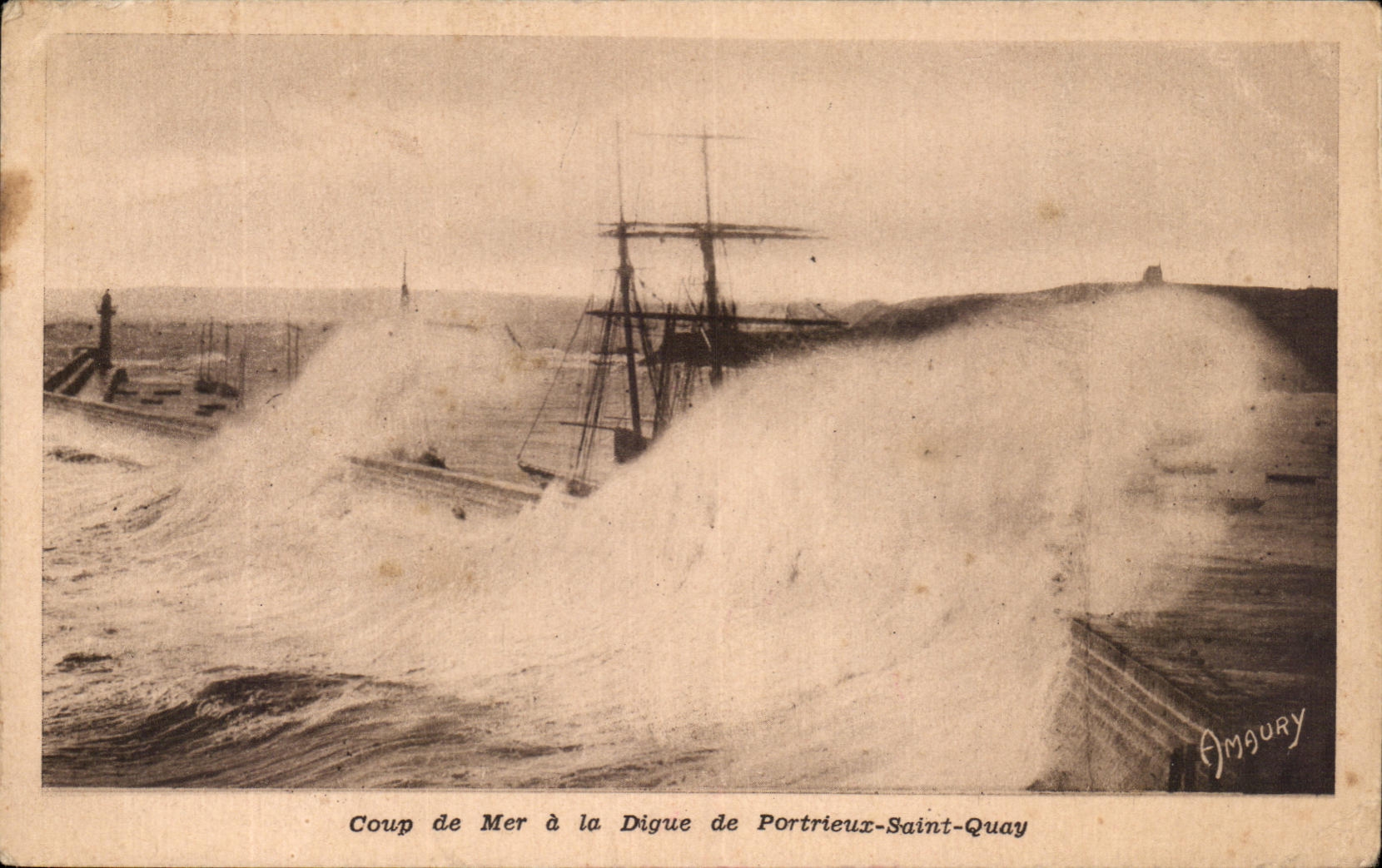 CPA Coup de Mer a la Digue de Portrieux Saint Quay Bateau Voilier