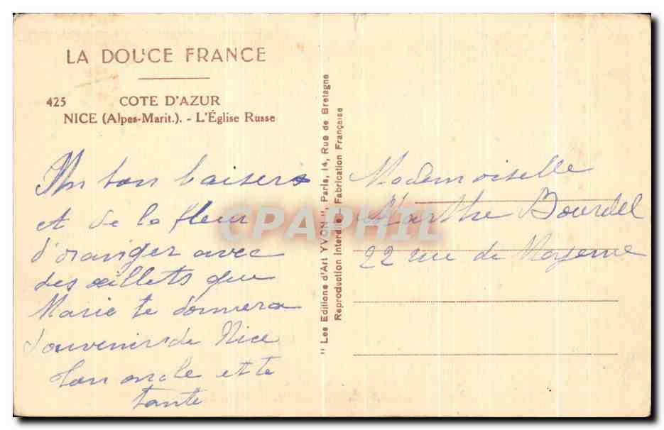 CPA Cote D'Azur Nice L'Eglise Russe — Rückseite