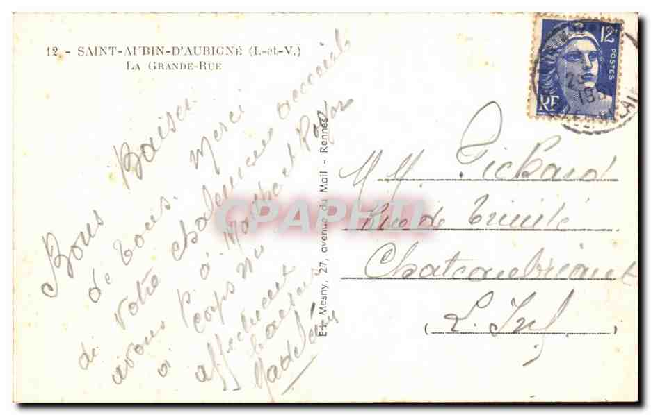 Saint-Aubin-d'Aubigné — La Grande-Rue — éditeur inconnu, n° 12 — Verso