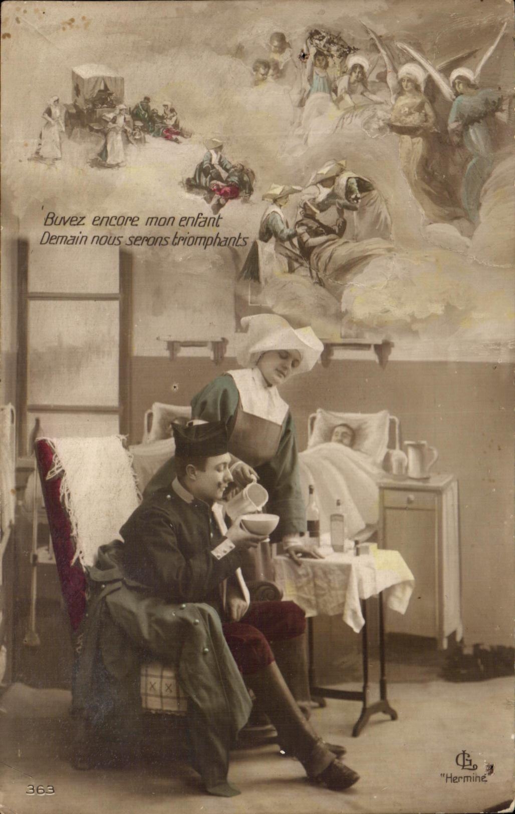 CPA Buvez Encore Mon Enfant Demain Nous Serons Triomphants Infirmiere Militaria Anges