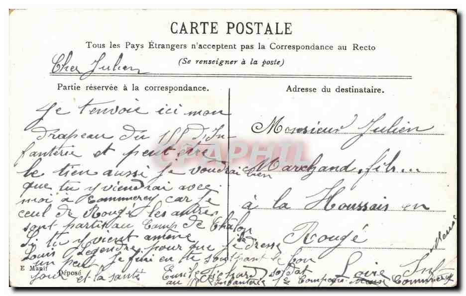 CPA Mon Drapeau Honneur et Patrie 155eme regiment d'infanterie Militaria — Rückseite