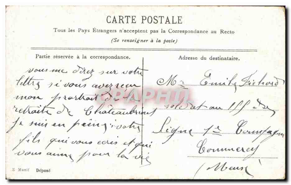 Drapeau du 155e Régiment d'Infanterie — Weissig — éditeur E. Manif, n° 1455 — Reverso
