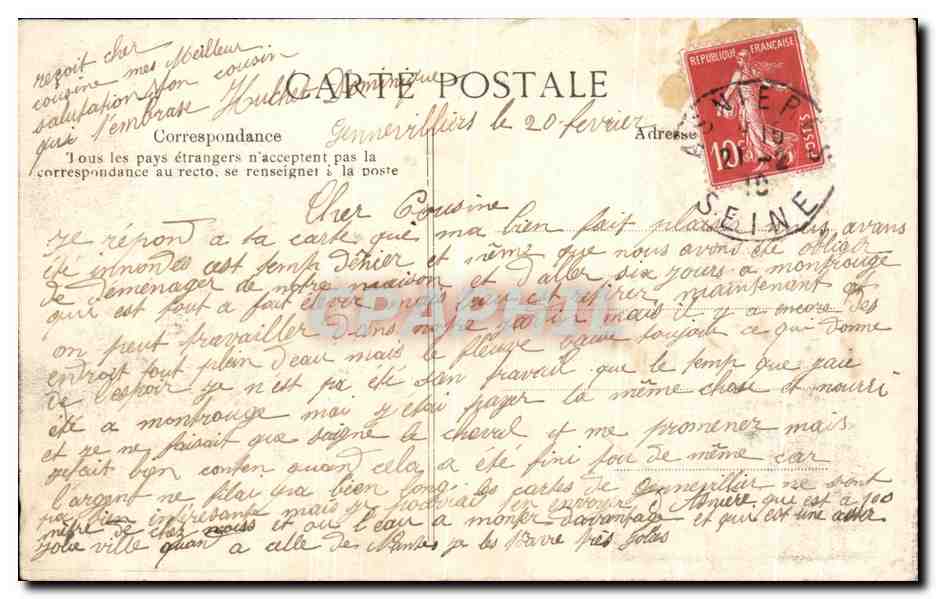 CPA Crue De La Seine Janvier Gennevilliers Rue Nouvelle Janvier 1910 — Rückseite