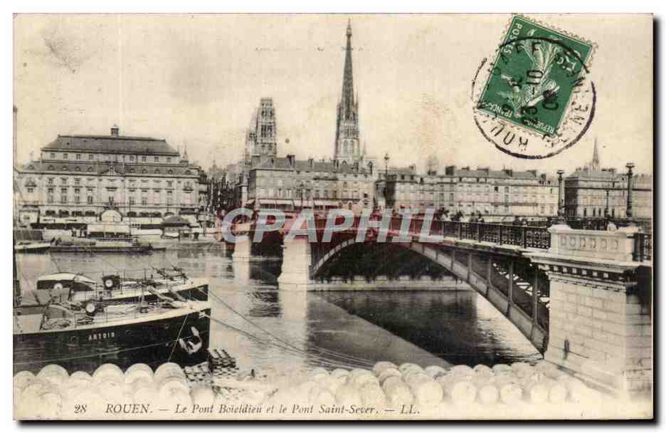 CPA Rouen Le Pont Boieldieu et le Pont Saint Sever Bateau Artois