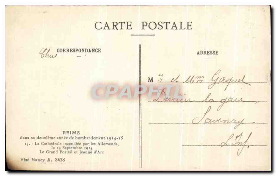 CPA Reims dans sa deuxleme annee de bombardement Militaria Jeanne d'arc — Rückseite