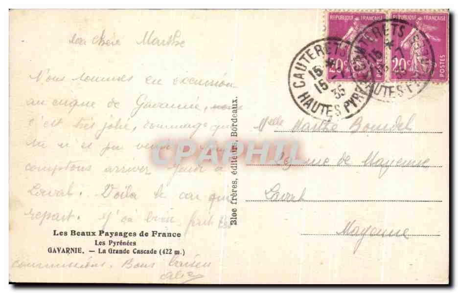 CPA Gavarnie La Grande Cascade Les Beaux Paysages de Frances Les Pyrenees — Verso