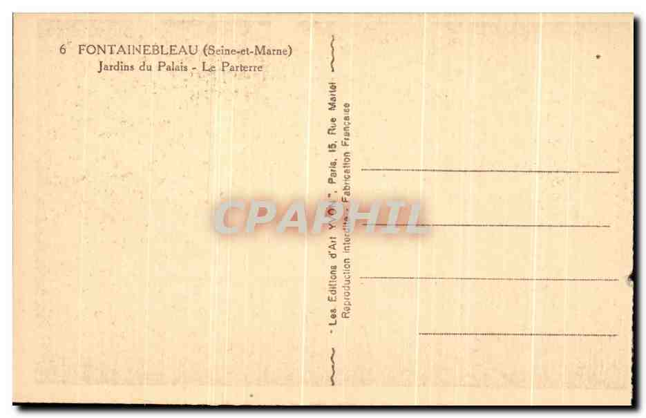 Fontainebleau - Jardines del Palacio - El Parterre — Edición de Arte Yvon, París — Reverso
