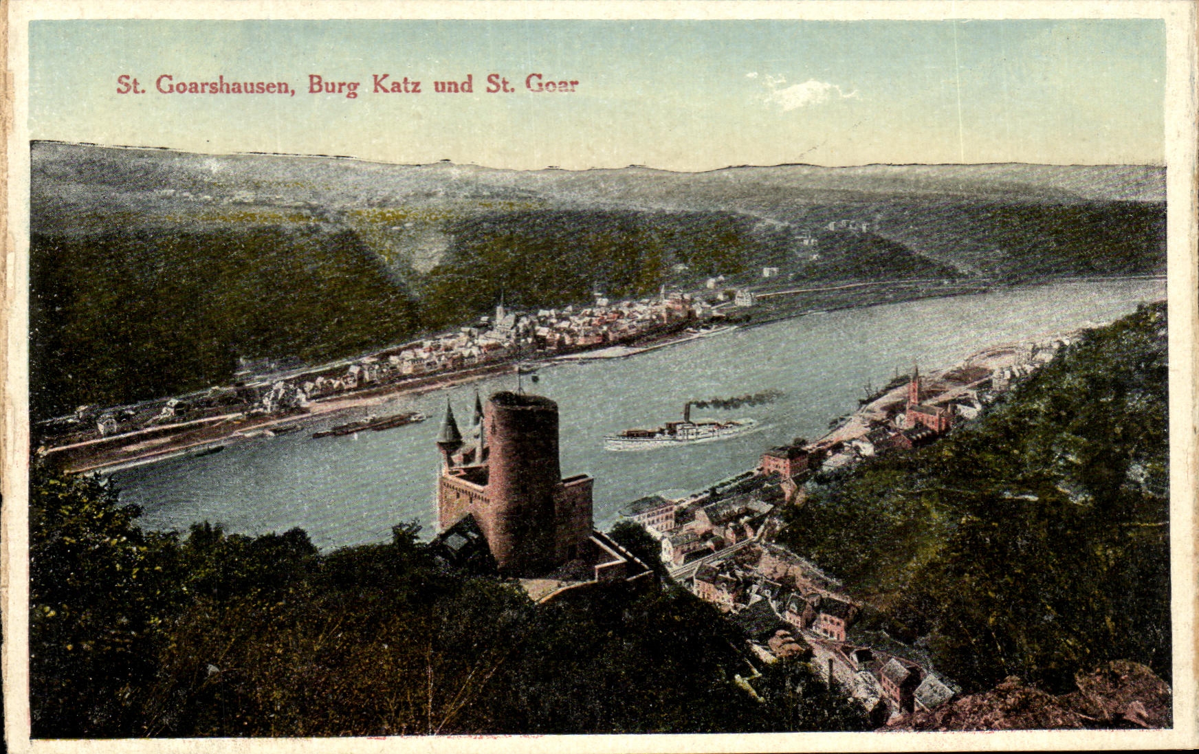 St. Goarshausen, Burg Katz und St. Goar — vue panoramique du château et du fleuve