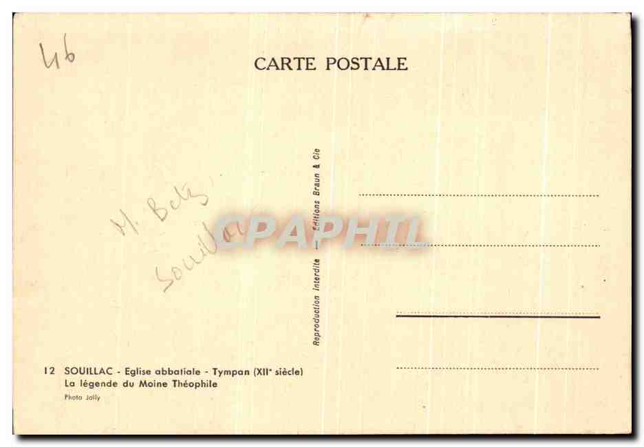 CPA Souillac Eglise Abbatiable Tympan La Legende du Moine Theophile — Rückseite