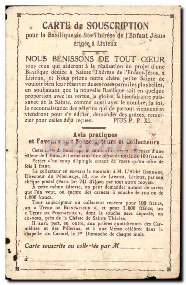 CPA Carte de Souscription Pour la Basilique de Ste Therese de l'Enfant Jesus erigee a Lisieux — Verso