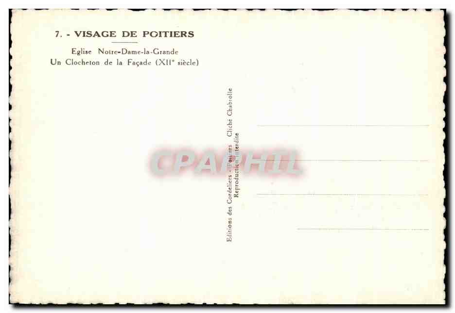 Visage de Poitiers — Église Notre-Dame-la-Grande, clocheton de la façade (XIe siècle) — Éditions des Cordeliers, Poitiers — Verso
