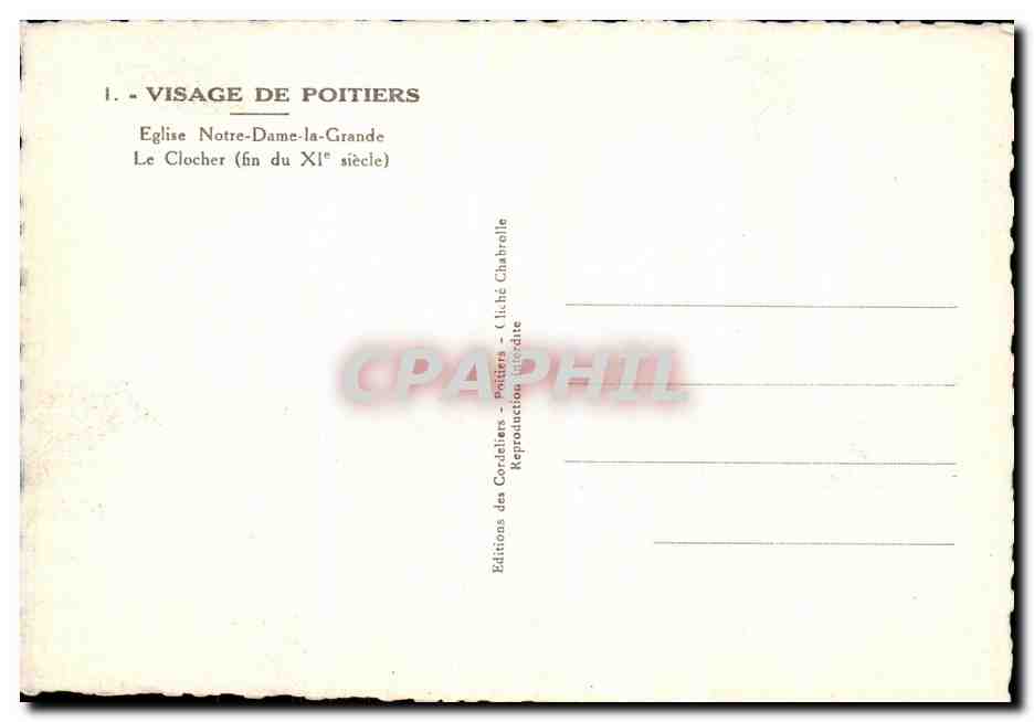 Visage de Poitiers — Église Notre-Dame-la-Grande, le clocher (fin du XIe siècle) — Éditions des Cordeliers, Poitiers — Verso