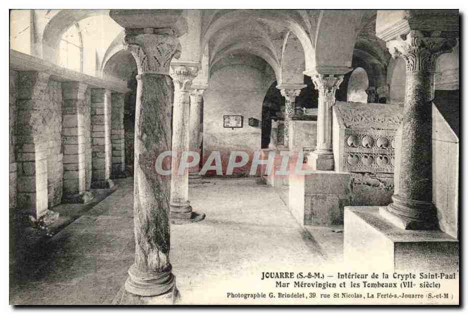 Jouarre (S.-&-M.) — Interior of the Saint-Paul Crypt, Merovingian Wall and the Tombs (7th century) — Photographer G. Brindelet, 39 rue St Nicolas, La Ferté-s.-Jouarre (S.-et-M.)