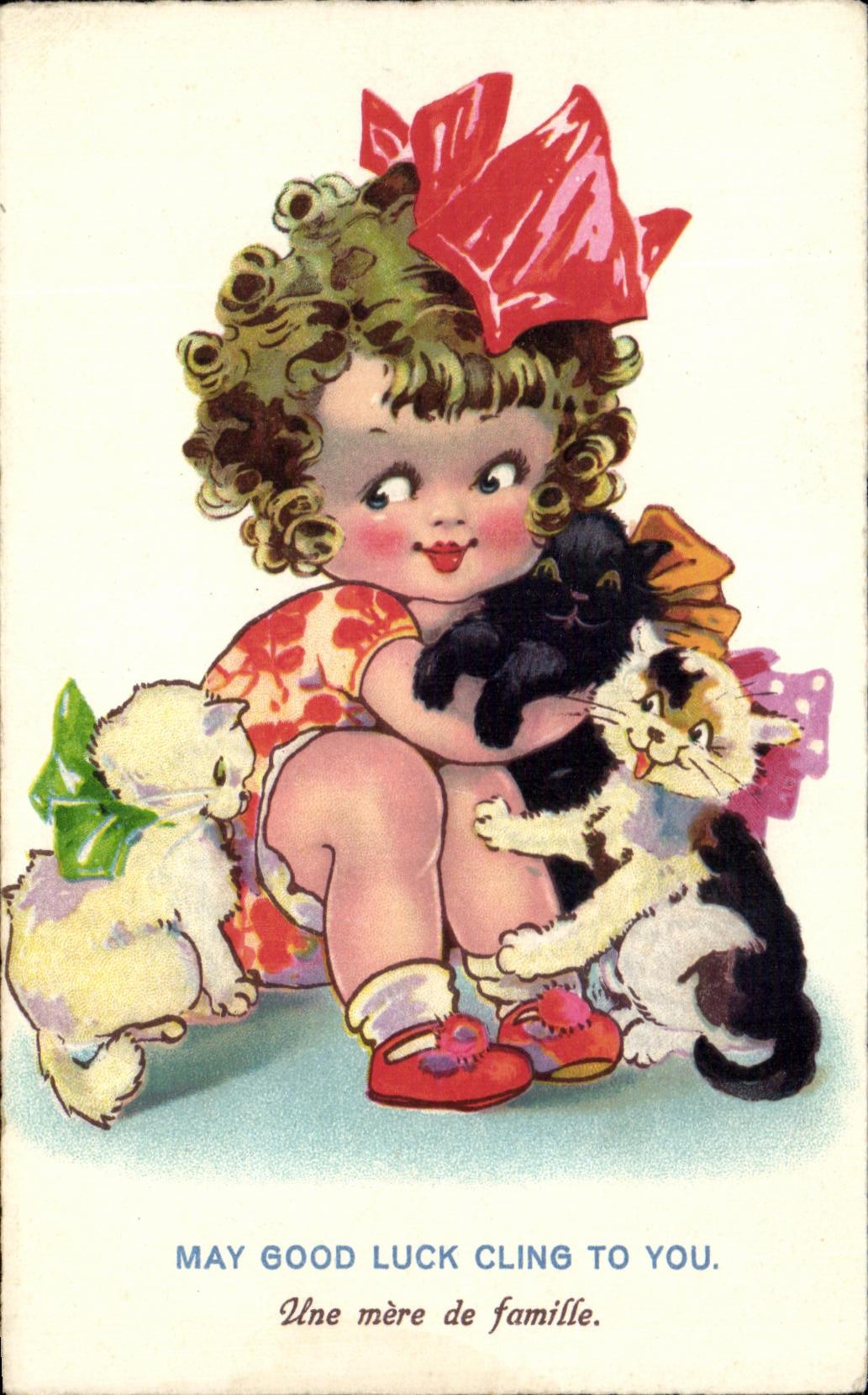 CPA May Good Luck Cling To You Une Mere de Famille Chats Chatons 