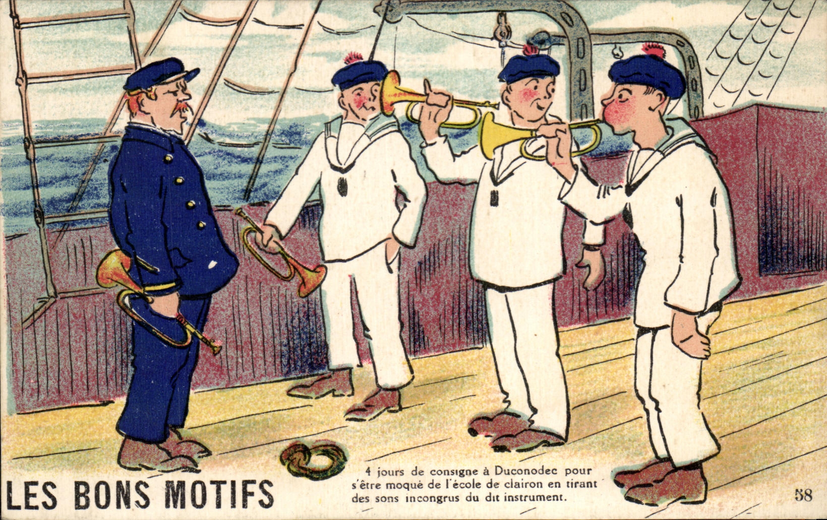 Les bons motifs — 4 jours de consigne à Duconodéc pour s'être moqué de l'école de clairon en tirant des sons incongrus du dit instrument — J. Hozais, n° 58