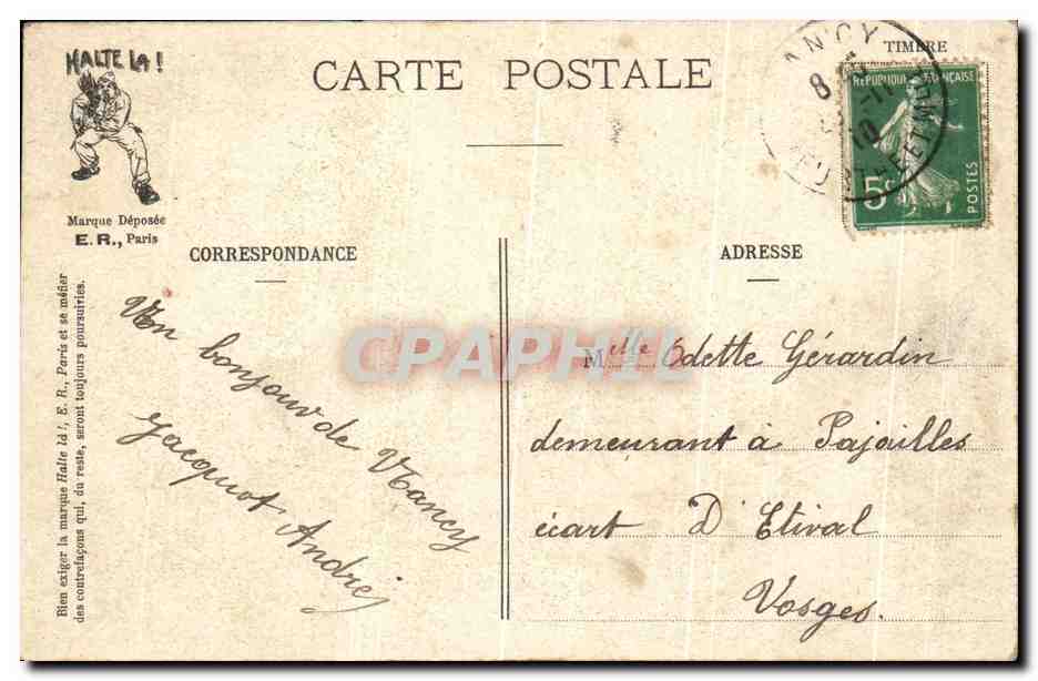 Scènes Militaires — La Bienvenue — E.R., Paris, Modèle déposé n° 14877 — Verso