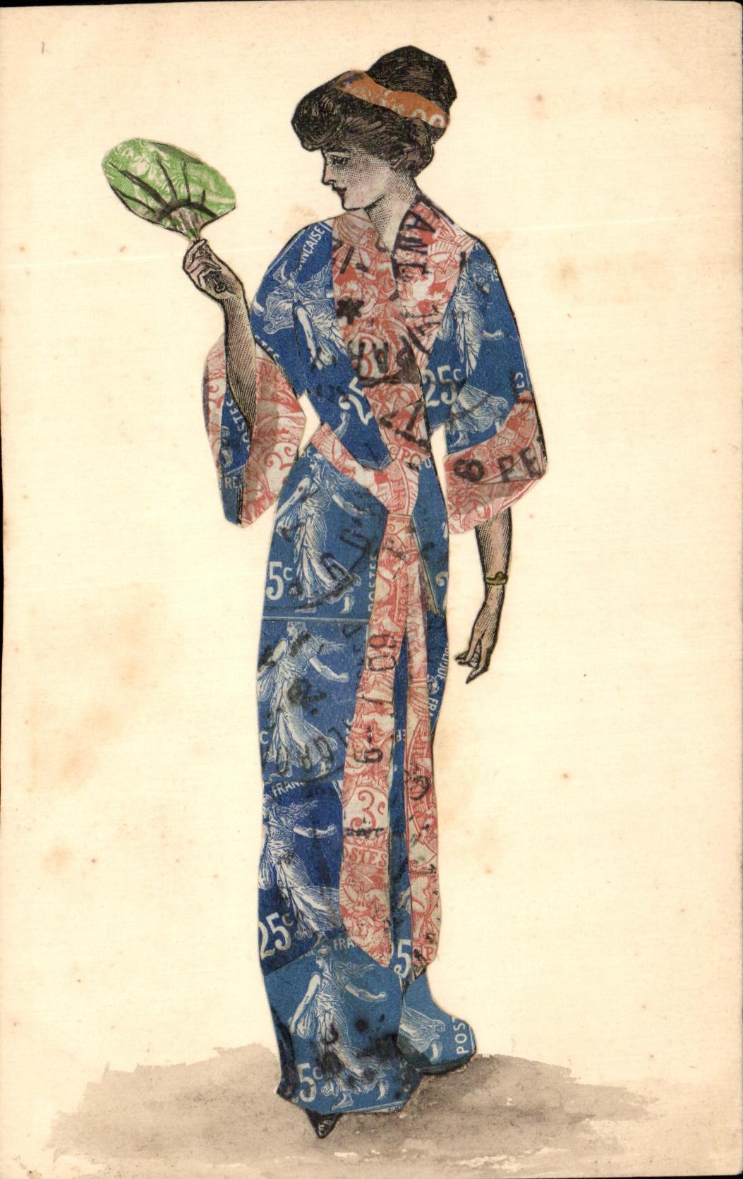 CPA Femme (dessin fait avec des timbres) Semeuse
