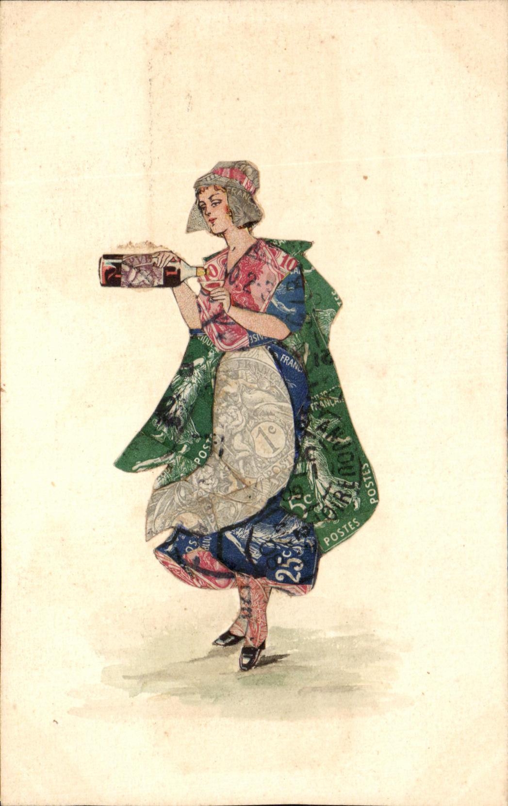 CPA Femme (dessin fait avec des timbres) Semeuse