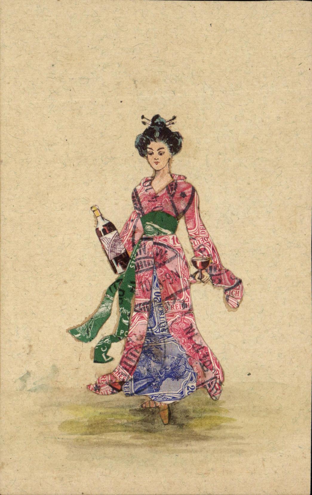 Jeune femme en kimono — illustration sur papier à motifs de timbres — éditeur non visible