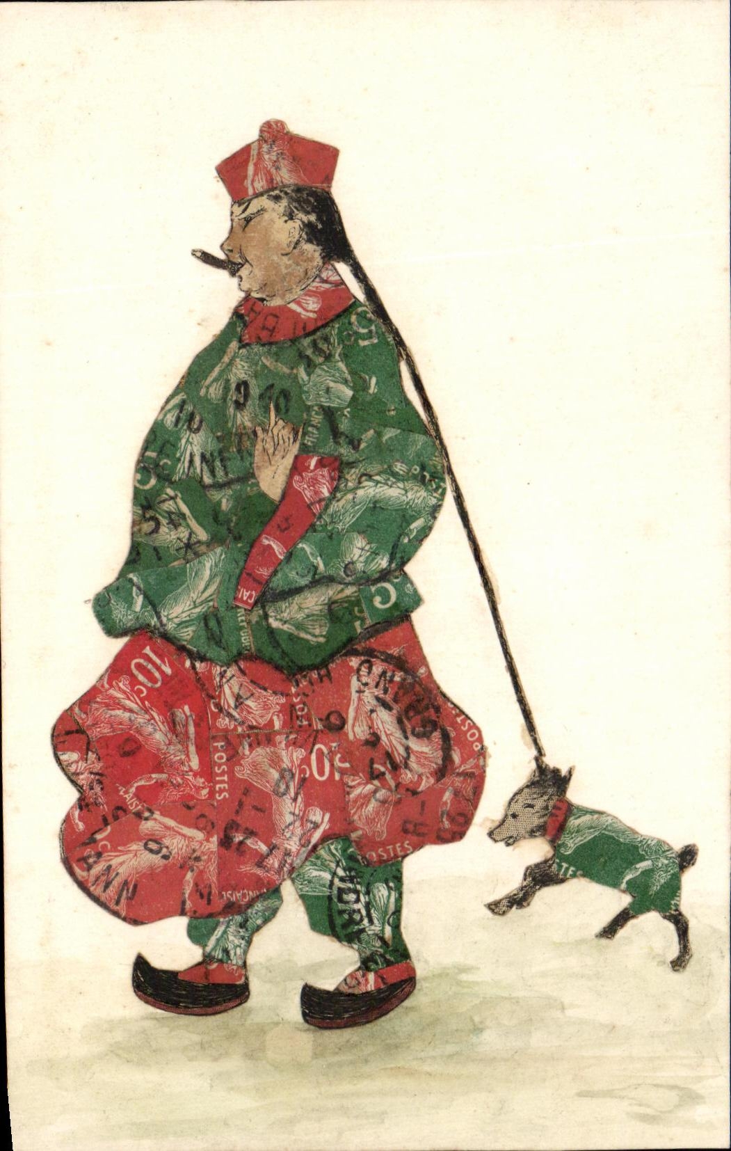 CPA Femme (dessin fait avec des timbres) Semeuse Chien Japon 