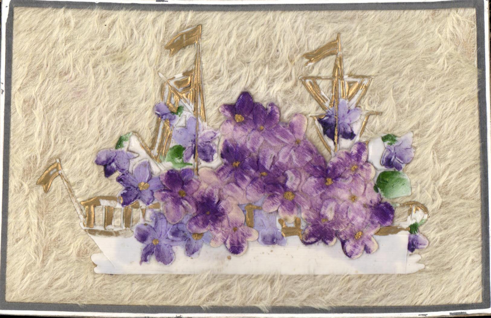 Cartolina d'epoca Fantasia Barca Fiori