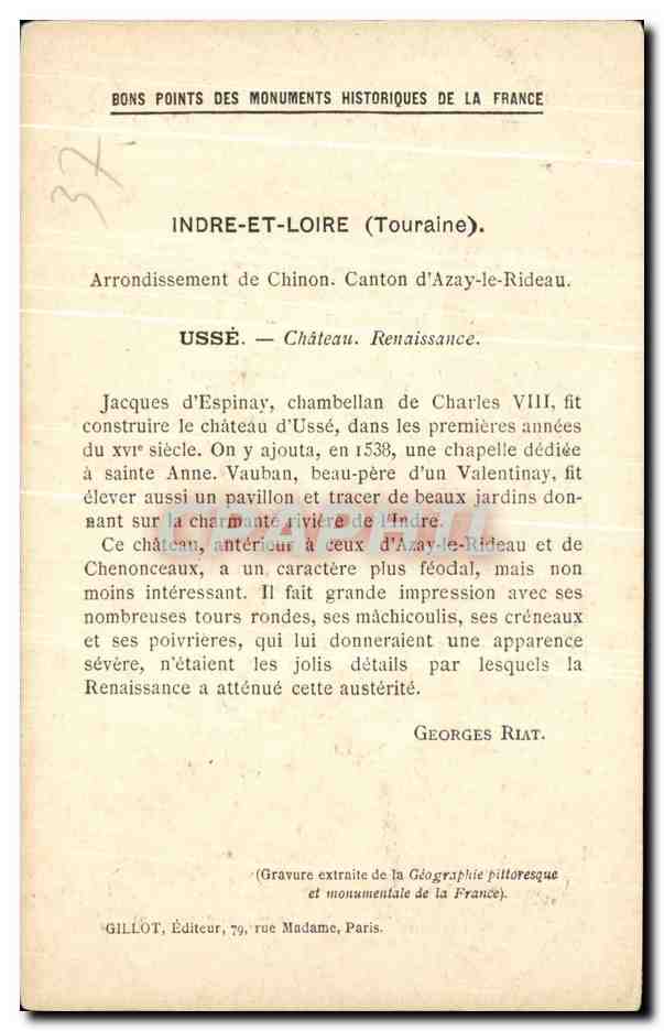CPA Les Monuments Historiques de la France Usse Chateau Ensemble — Rückseite