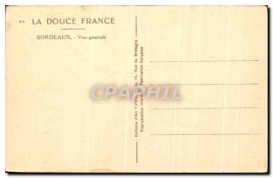 Bordeaux — Vue générale — Éditions d'Art YVON, 14 Rue de Béthune — Verso