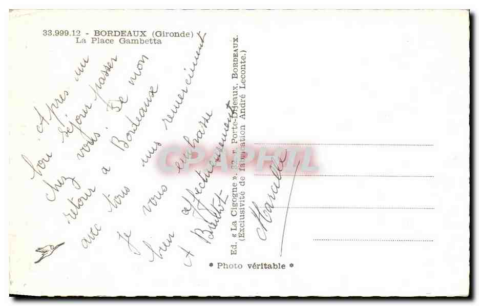 CPSM Bordeaux La Place Gambetta — Verso