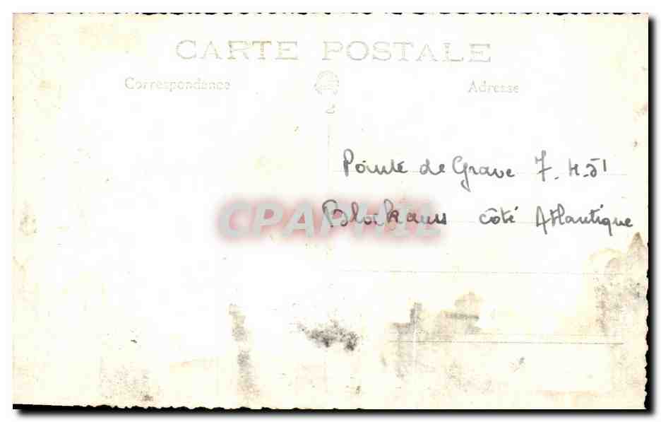 CARTE PHOTO Route de Grave 1951 Blockhaus cote altantique — Rückseite